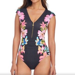 Bleu Rod Beattie sweet escape Black Floral One Piece Swimsuit NWT